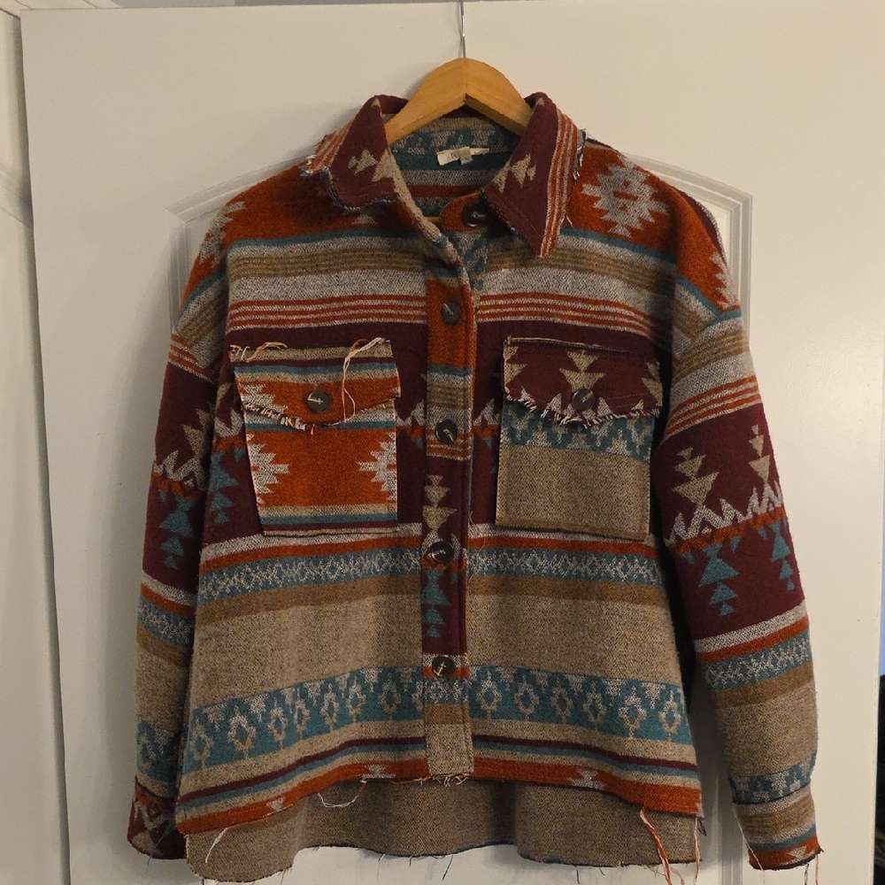 LA MIEL Women's Aztec Button-Front Crewneck Jacket - Rust, Maroon, Teal, Tan - Picture 1 of 2